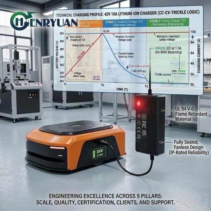 Henryuan, a top 10 global high-performance battery charger manufacturer, showcasing its UL, CE, and PSE certified solutions with proprietary three-stage charging technology.