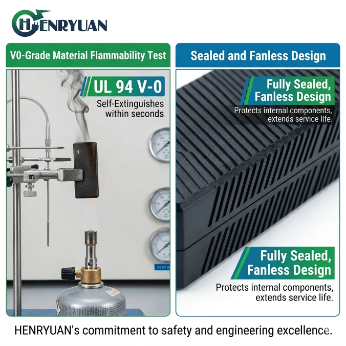 Technical demonstration of Henryuan charger&rsquo;s UL 94 V-0 flame retardant housing and fully sealed, fanless design for industrial reliability.